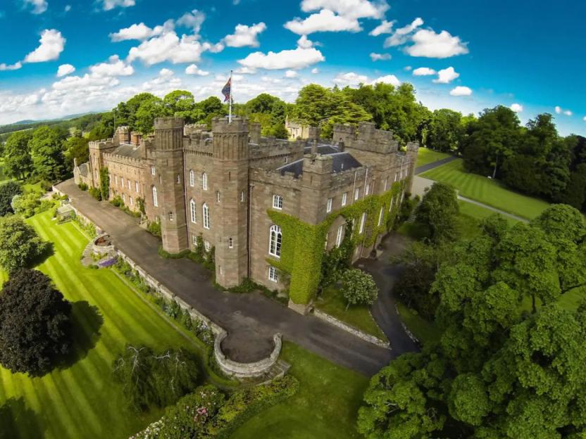 Aerial view of the Scottish baronial-style Fasque House, a historic castle in Scotland.