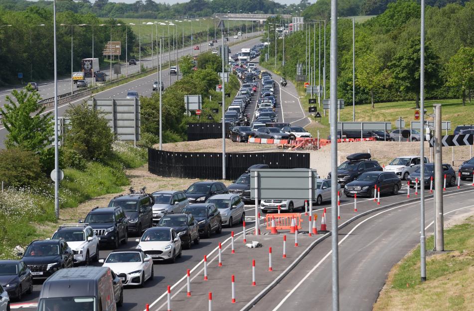 Traffic queuing for the Euro Tunnel site along the M20 motorway in Folkestone, Kent.