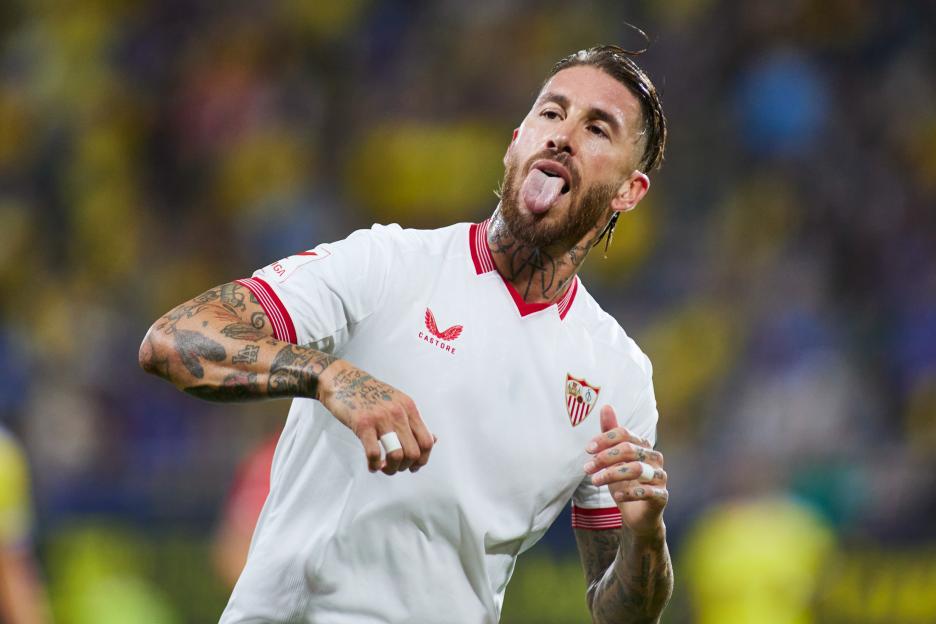 Sergio Ramos of Sevilla FC gestures during a La Liga EA Sports football match.