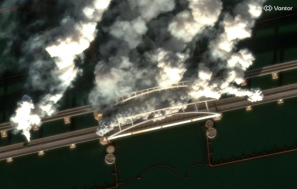 Satellite image shows smoke rising from Crimea Bridge