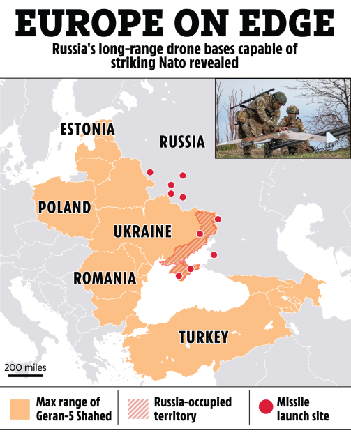 Illustration of a map showing Russia's drone bases and the Geran-5 Shahed drone range, overlaid with a photo of soldiers with a drone.