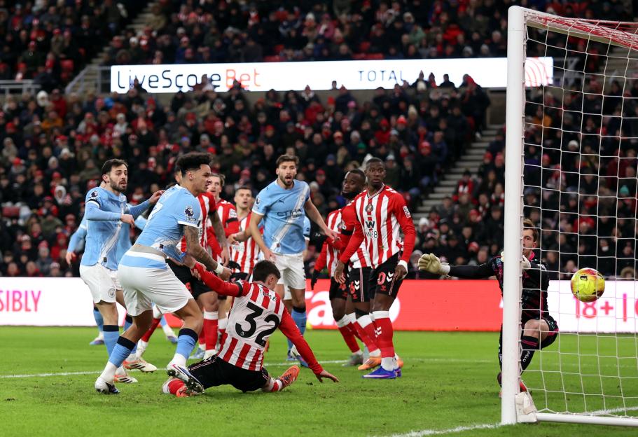Bernardo Silva scores a disallowed goal in a Premier League match between Sunderland and Manchester City.