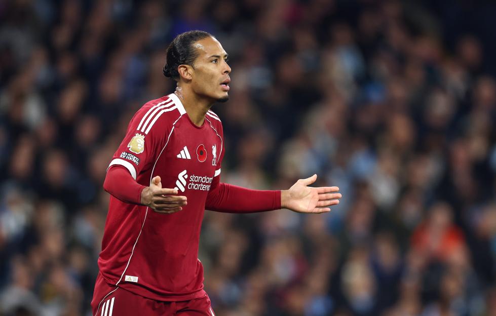 Liverpool's Virgil van Dijk gestures during the English Premier League match against Manchester City.