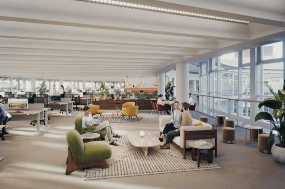 Illustration of an open-plan office space with people working at desks and lounging in a common area.