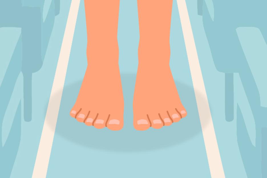 Illustration of bare feet on an airplane aisle.