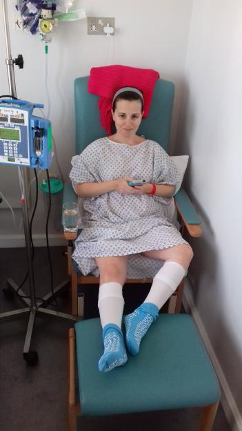 Dr Philippa Kaye in hospital during treatment for bowel cancer.