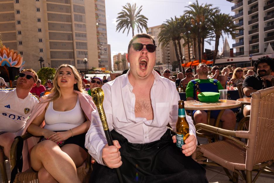 Nathan Jones reacts to the Cheltenham Festival horse races at the Marina Resort hotel in Benidorm, Spain.