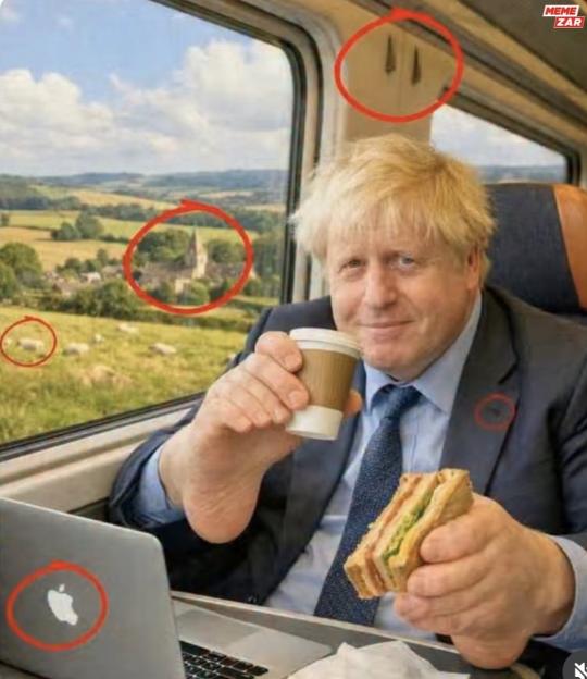 An AI-generated image of Boris Johnson on a train, highlighted with red circles pointing out distorted objects that indicate it's AI.
