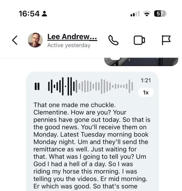 A screenshot of a text message conversation between Lee Andrews and Clemmie Moodie, showing a long voice message with a duration of 1:21, detailing a day involving horse riding, sled pushing, and a cheat meal of McDonald's, pizza, cheesecake, and rice pudding.