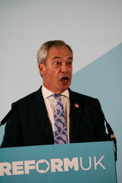 Nigel Farage speaking at a Reform UK political rally in Scotland.