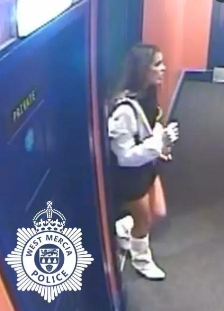 CCTV images of a woman with long dark hair, wearing a dark top, white jacket, dark skirt/shorts, and white boots.