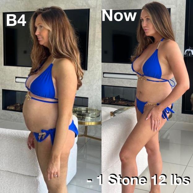 Collage comparing a woman's body "before" weight loss and "now" after losing 1 stone and 12 lbs, both images show her in a blue bikini.