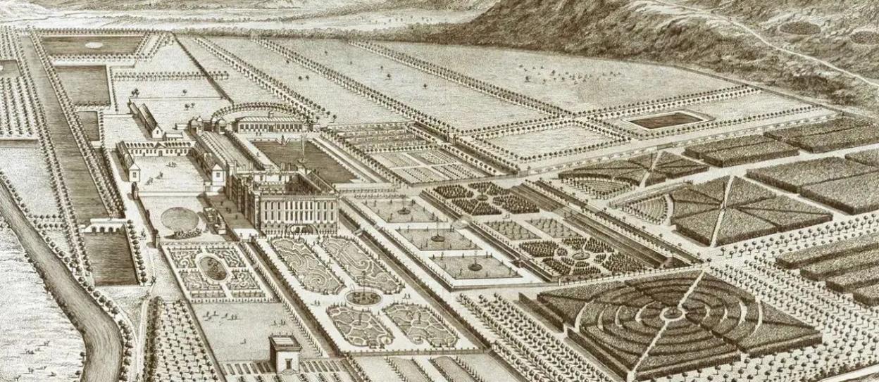 Illustration of Chatsworth House and its extensive 17th-century formal gardens.