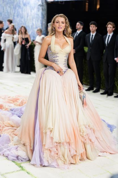 Blake Lively in a multi-colored gown at the Met Gala.