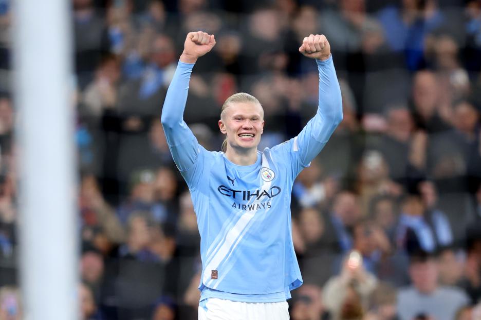 Erling Haaland celebrating a goal for Manchester City.