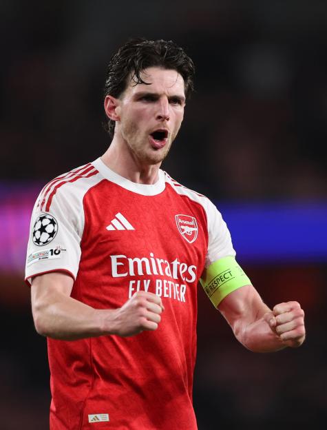 Declan Rice of Arsenal celebrates during a UEFA Champions League match.