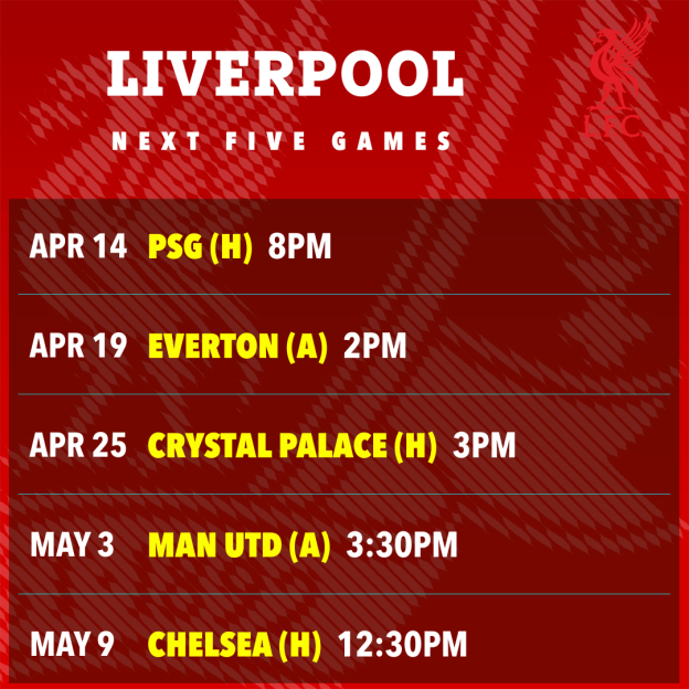 Liverpool's next five games schedule.