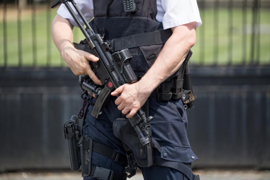 A security guard in tactical gear holding a rifle.