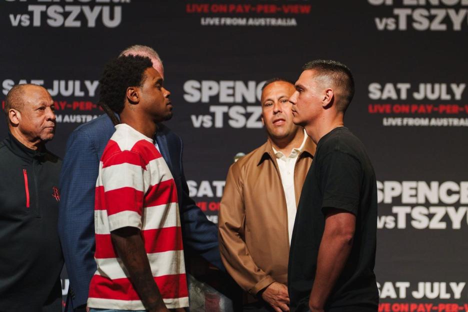 Boxers face off at a press conference for the Spence vs. Tszyu fight.