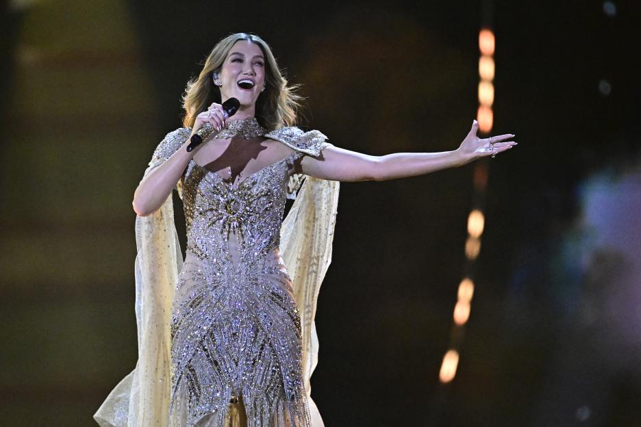 Australian singer Delta Goodrem performing at the Eurovision Song Contest.