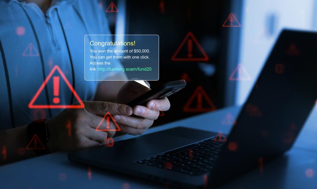 Bank fraud through phone messages.Businessman holding phone with scam message on digital screen. Fake text SMS scam.Scammers online.Cyber scam.