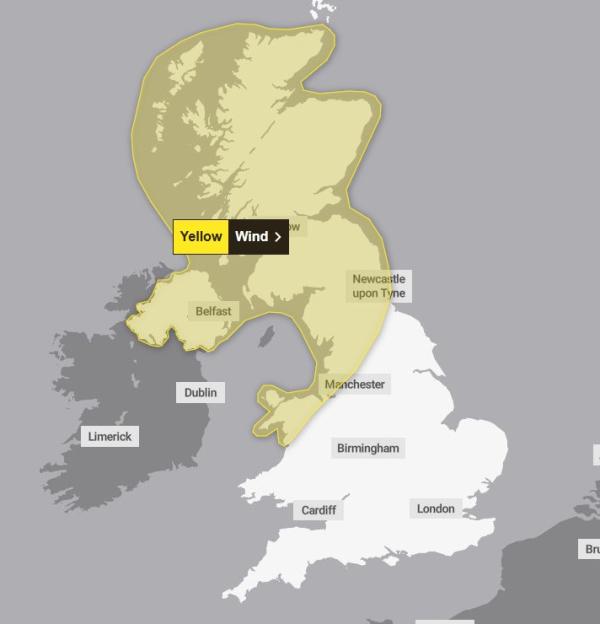 Map showing a yellow wind warning for most of Scotland, Northern Ireland, and parts of northern England and Wales.