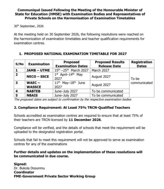 FG, stakeholders propose new dates for 2027 national examinations