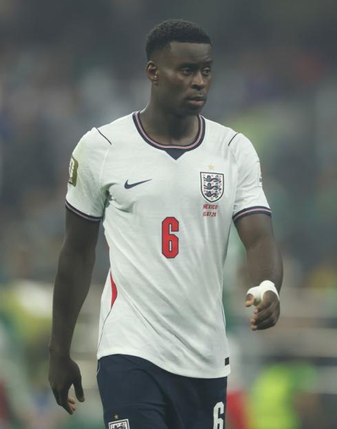 England footballer Eddie Nketiah wearing a white number 6 jersey.