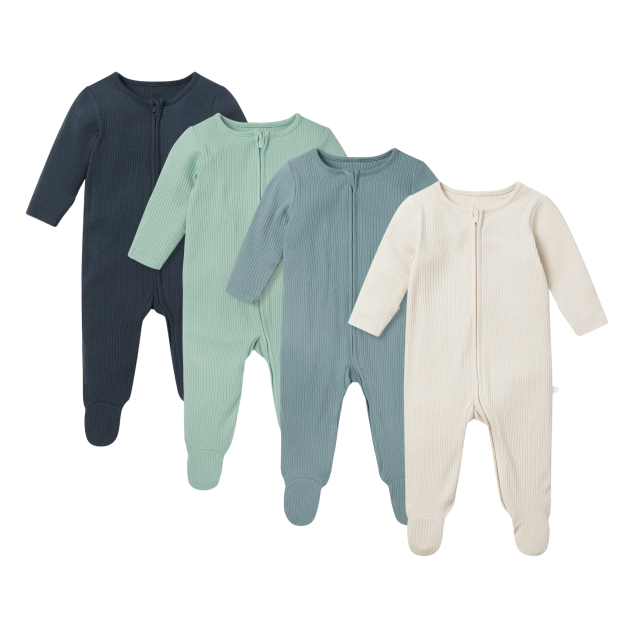 A set of four ribbed baby sleepsuits with zippers, in dark blue, light green, light blue, and cream.