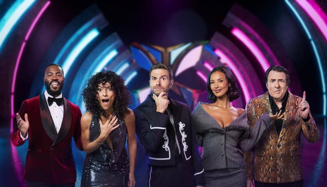 Mo Gilligan, Davina McCall, Joel Dommett, Maya Jama, and Jonathan Ross from The Masked Singer.
