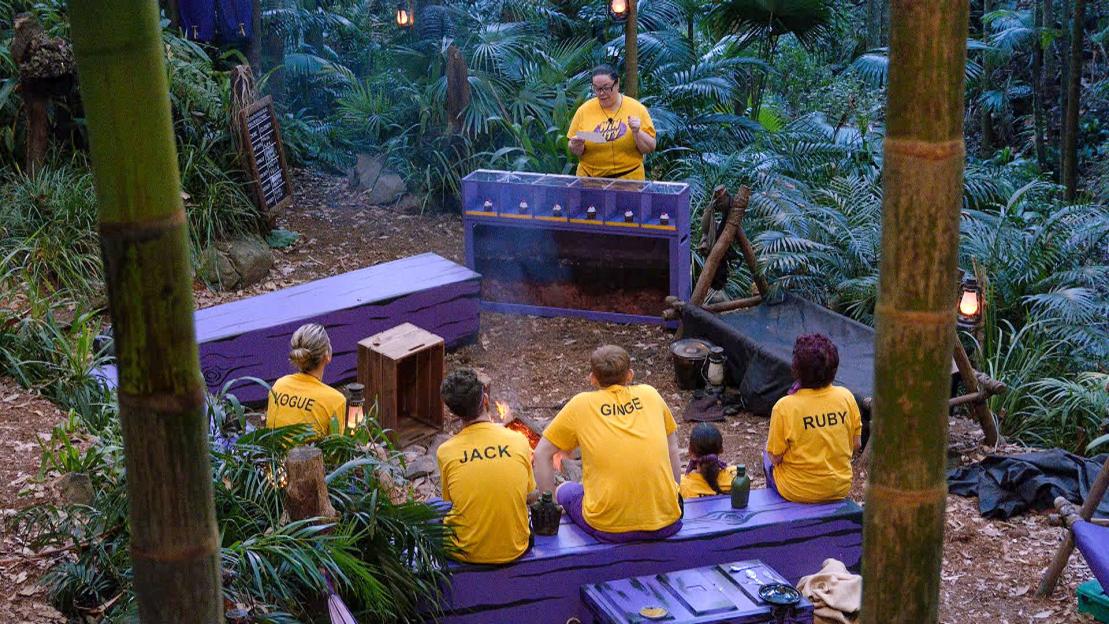 A group of "I'm a Celebrity... Get Me Out of Here!" campmates gather around a campfire for a task.