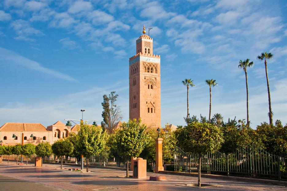 Cityscape of Marrakech with red buildings and snow-capped Atlas Mountains in the background.