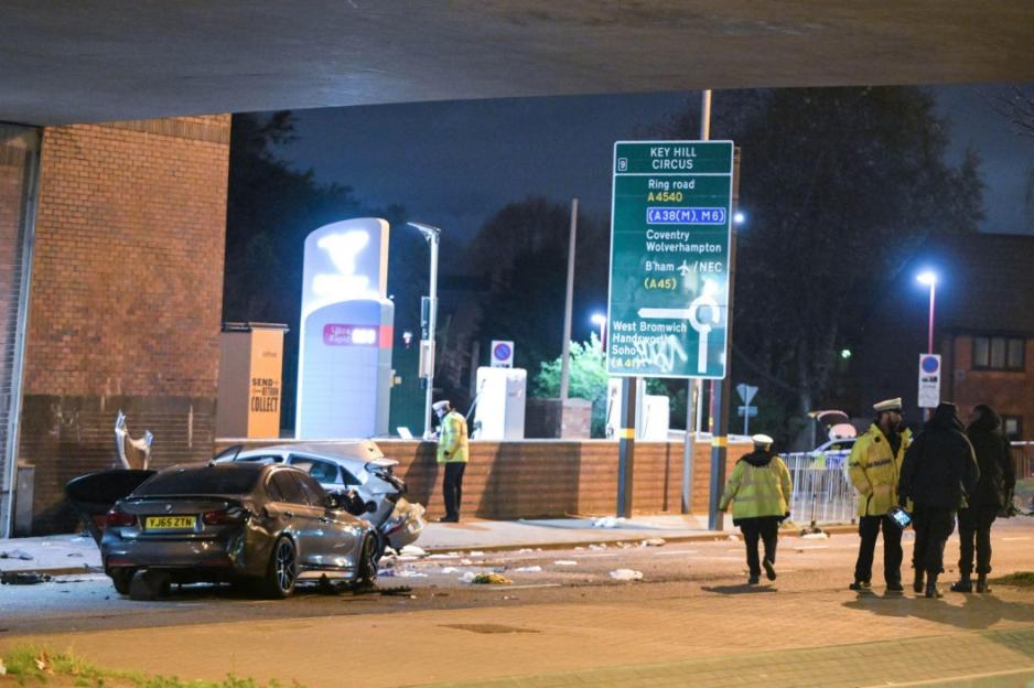 Damaged cars and police at the scene of a fatal collision on Icknield Street in Birmingham.