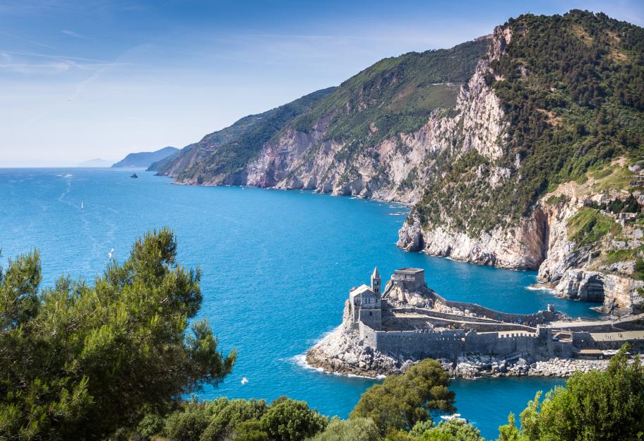 Porto Venere (Portovenere), Liguria, Italy: beautiful scenic view of the Church of St. Peter (Chiesa di San Pietro)