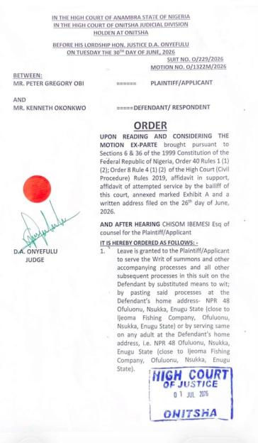 Court Approves Peter Obi's Request to Serve Kenneth Okonkwo in N5bn Lawsuit