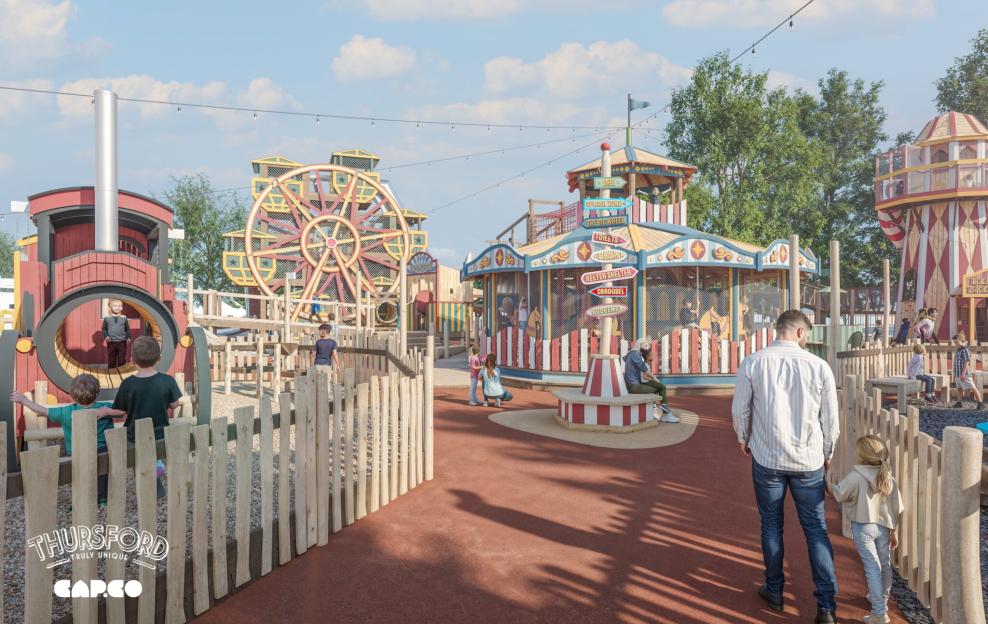 Illustration of the Thursford Adventure Play Fair with a Ferris wheel, carousel, and a play train.