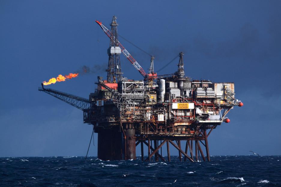 The Ninian Southern production platform blows off gas, 90 miles East of the Shetland Isles.