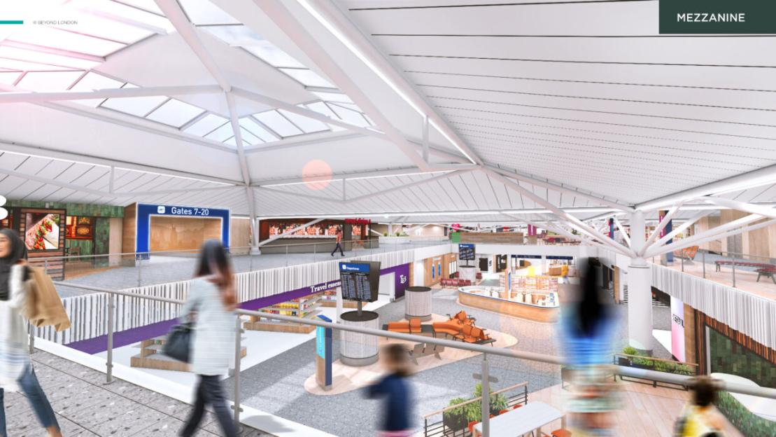 Illustration of the Bristol Airport terminal extension with stores, seating, and travelers.