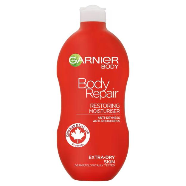 Garnier Body Repair Restoring Moisturizer with Canadian maple sap for extra-dry skin.