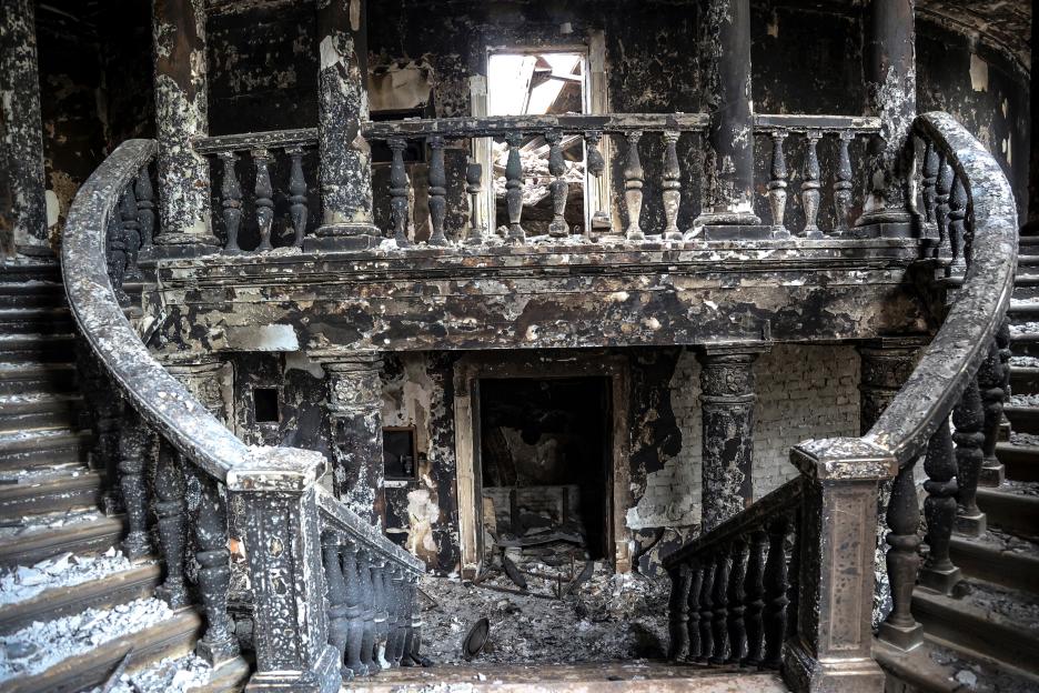 The severely damaged and charred interior of the Mariupol theatre.
