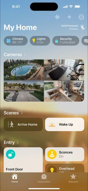 A mobile phone screen displays the "My Home" app with smart home controls, including climate, lights, security, camera feeds, and scene settings.