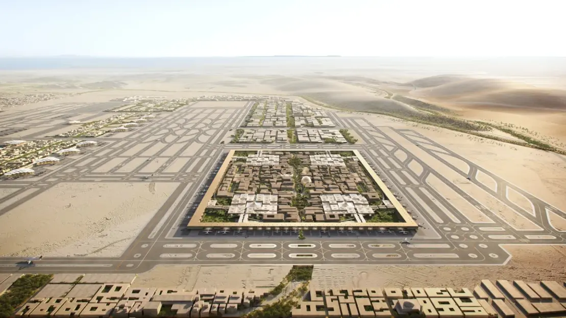 Illustration of an airport in a desert landscape.