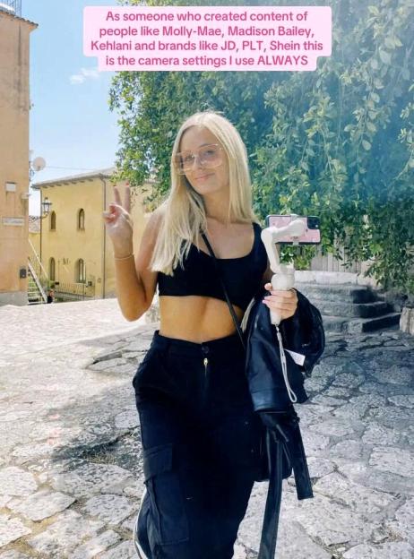 A young blonde woman in sunglasses holding a phone on a gimbal, with text overlay explaining camera settings for perfect photos and videos.