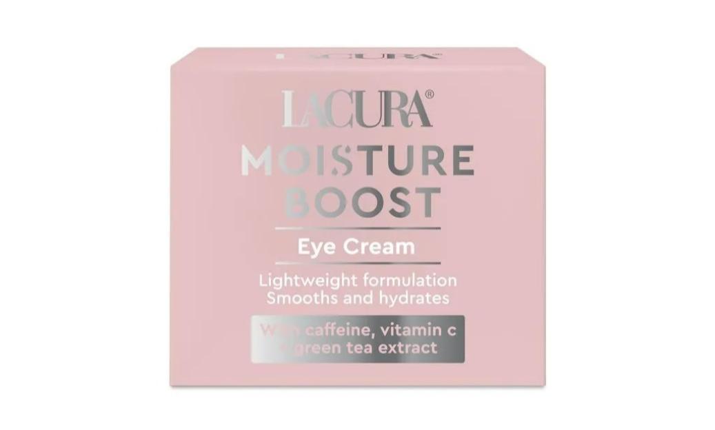 A pink box of Lacura Moisture Boost Eye Cream.