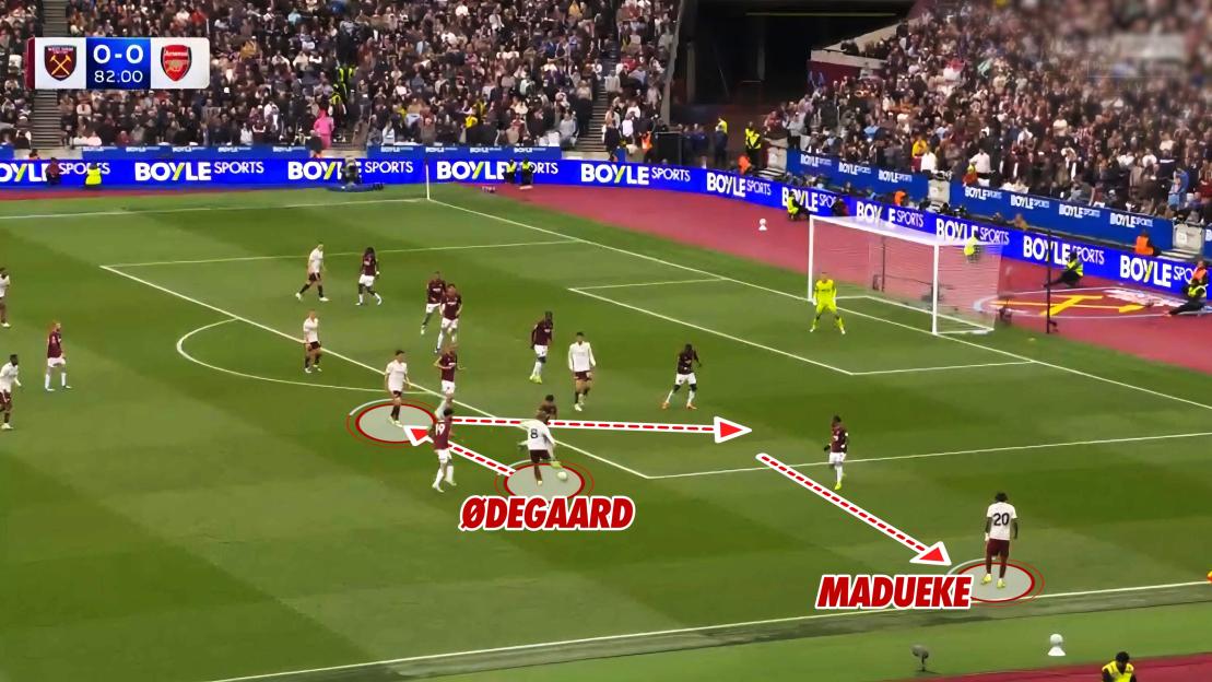 Screenshot of a soccer game with the score 0-0 and 82:00 minutes elapsed. Players Ødegaard and Madueke are highlighted with arrows indicating passes.