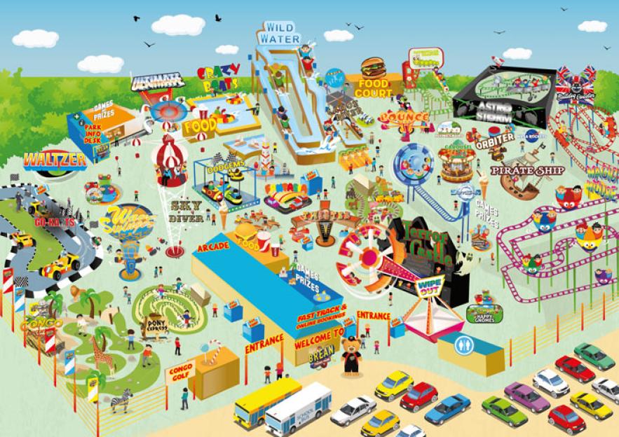 Illustration of a detailed, colorful map of Brean Theme Park, showing various rides, attractions, food stalls, and a parking lot.