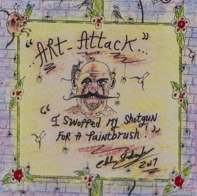 Illustration of a painting by Charles Bronson (aka Charles Salvador) titled "Art Attack," depicting a man's head with a mustache and an open mouth, surrounded by small spiders, and text that reads "I Swopped My Shotgun For A Paintbrush."