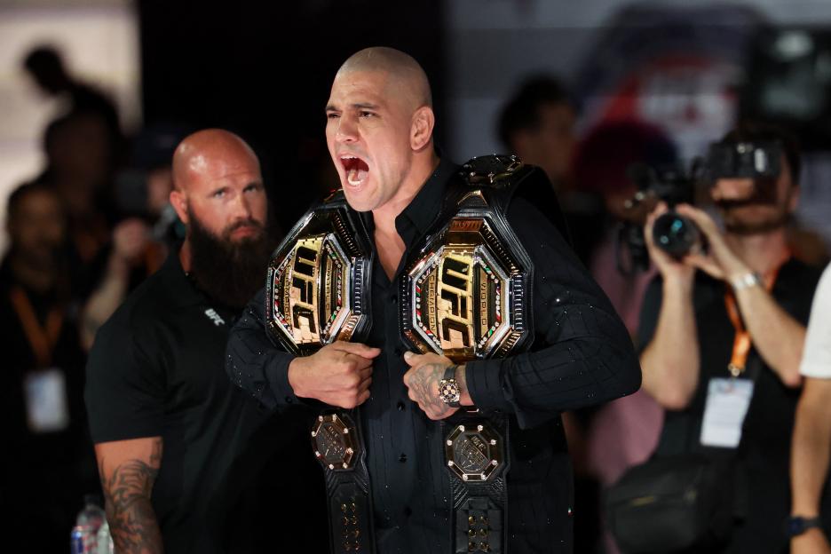 Alex Pereira reacting during a press conference for the UFC Freedom 250.
