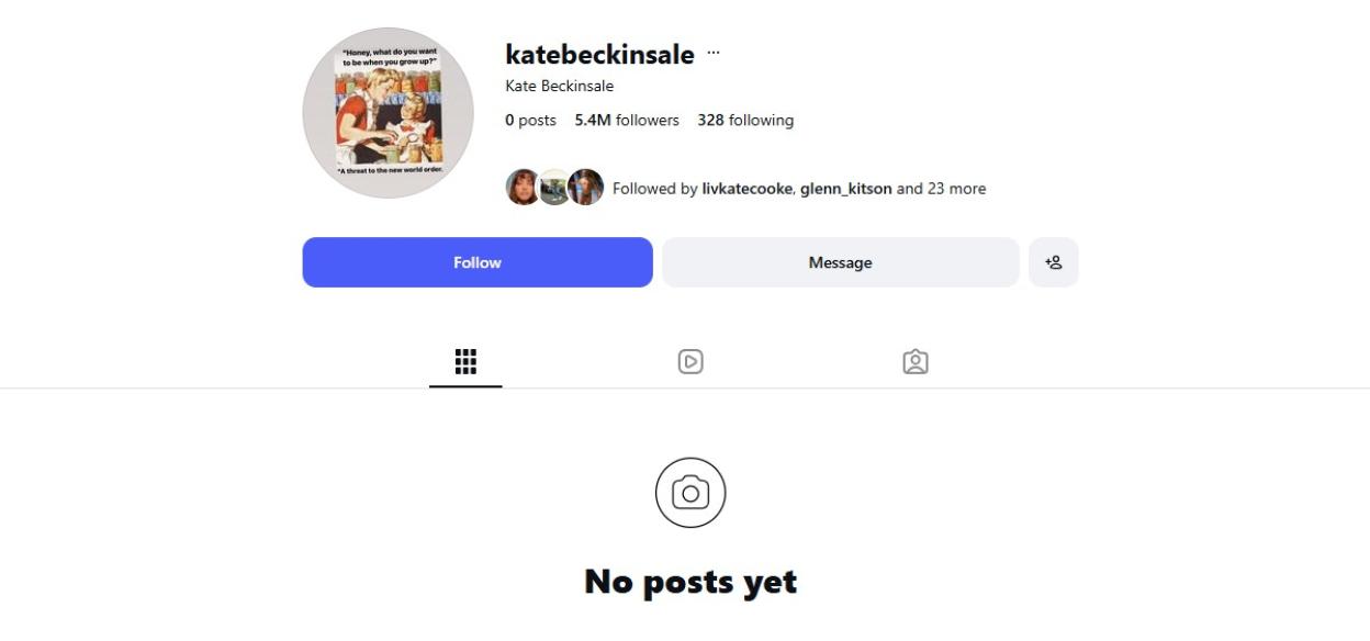 Screenshot of Kate Beckinsale's Instagram profile with no posts.