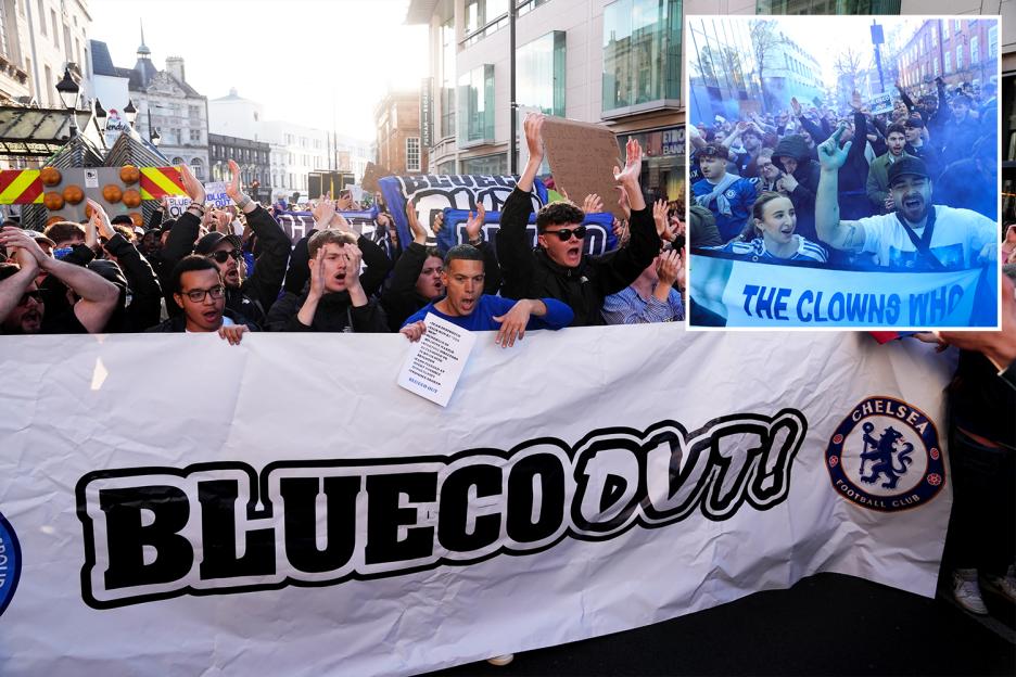 Collage of Chelsea fans protesting before a match, holding banners that read "BLUECO OUT!" and "THE CLOWNS WHO".